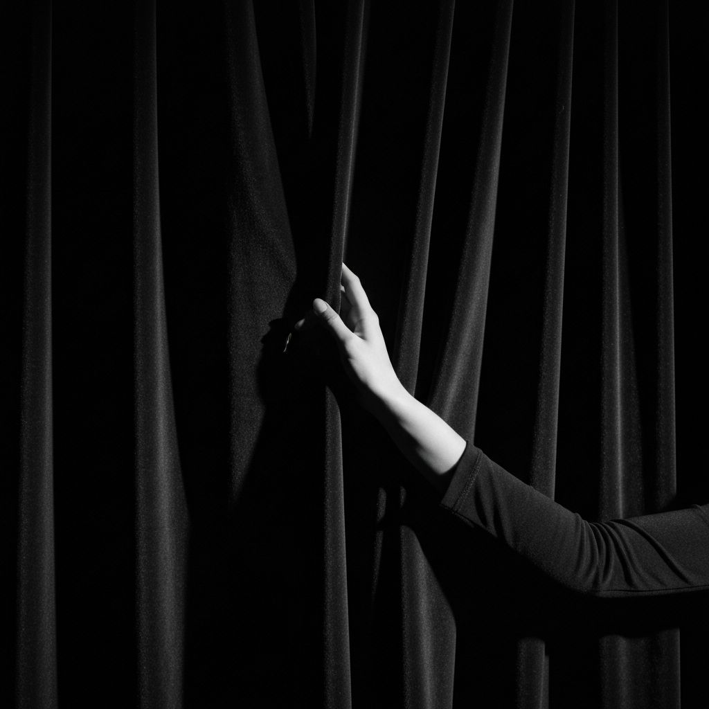 Black and white photograph of a hand through a curtain